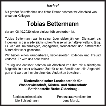 Traueranzeige von Tobias Bettermann von Neue Osnabrücker Zeitung GmbH & Co. KG