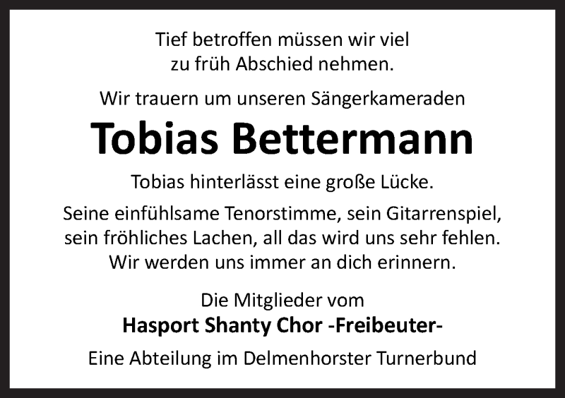  Traueranzeige für Tobias Bettermann vom 13.10.2020 aus Neue Osnabrücker Zeitung GmbH & Co. KG