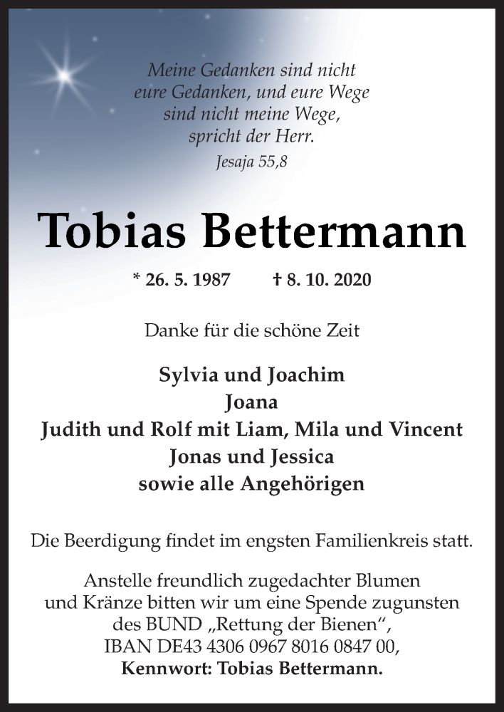  Traueranzeige für Tobias Bettermann vom 13.10.2020 aus Neue Osnabrücker Zeitung GmbH & Co. KG
