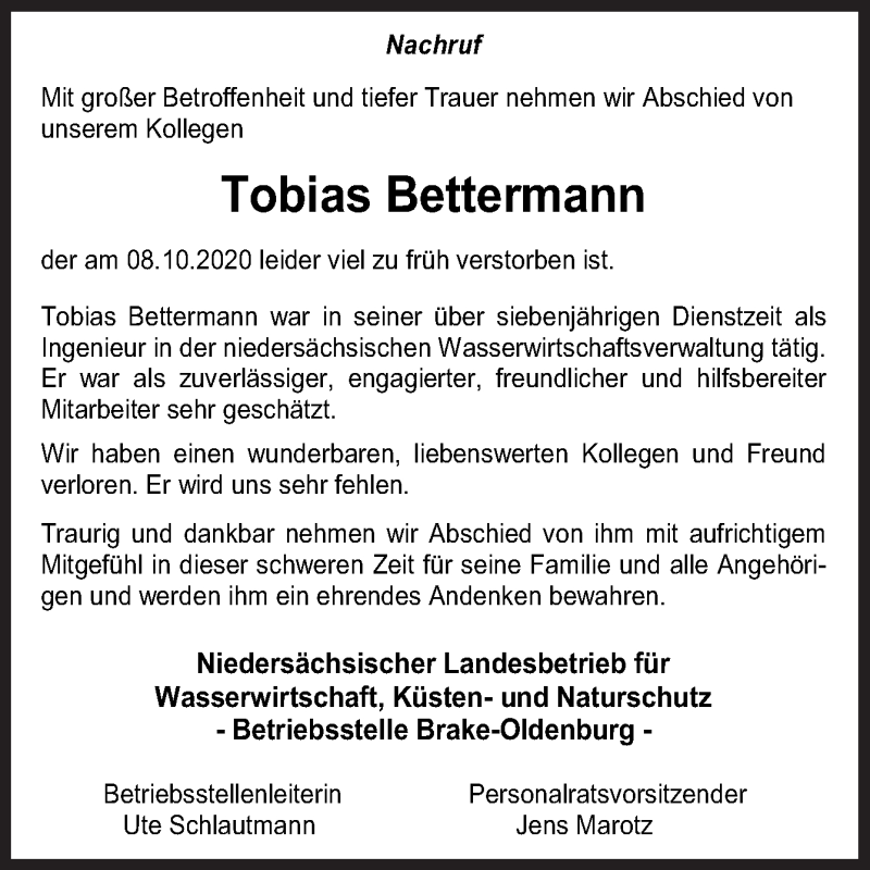  Traueranzeige für Tobias Bettermann vom 14.10.2020 aus Neue Osnabrücker Zeitung GmbH & Co. KG