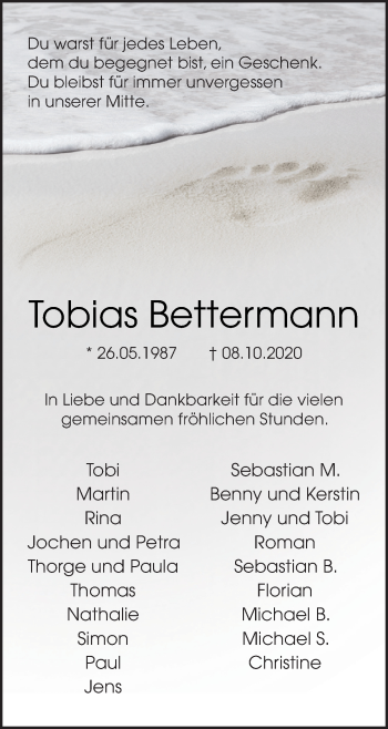 Traueranzeige von Tobias Bettermann von Neue Osnabrücker Zeitung GmbH & Co. KG