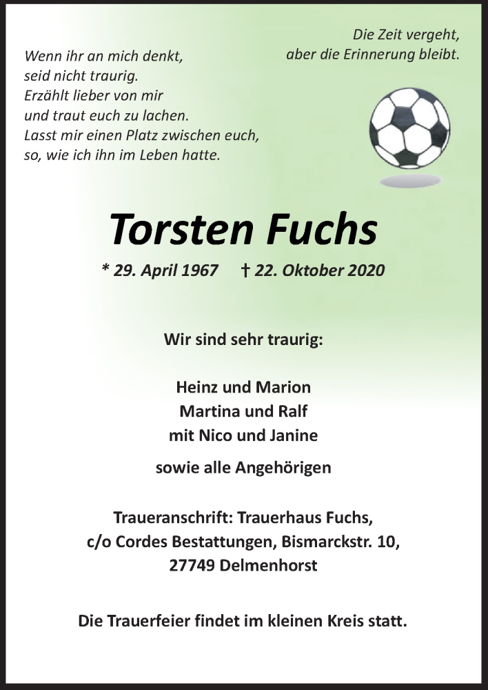  Traueranzeige für Torsten Fuchs vom 24.10.2020 aus Neue Osnabrücker Zeitung GmbH & Co. KG