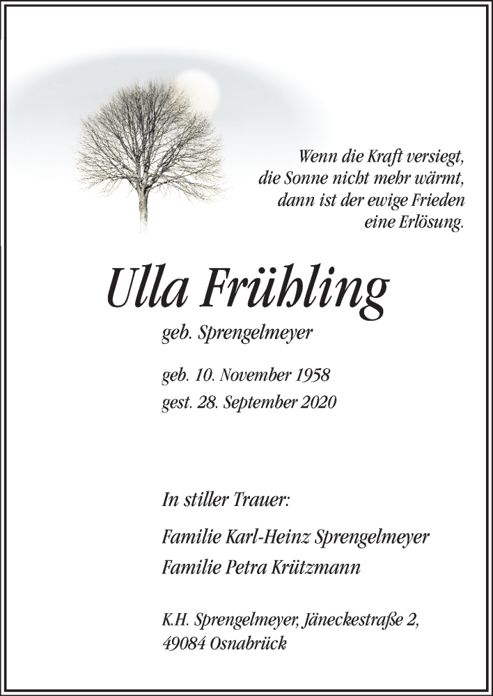  Traueranzeige für Ulla Frühling vom 02.10.2020 aus Neue Osnabrücker Zeitung GmbH & Co. KG