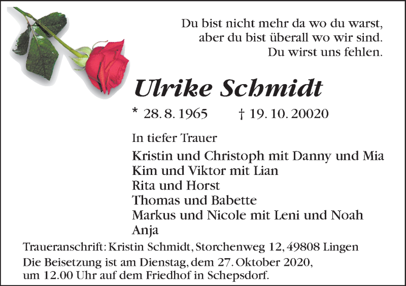  Traueranzeige für Ulrike Schmidt vom 24.10.2020 aus Neue Osnabrücker Zeitung GmbH & Co. KG