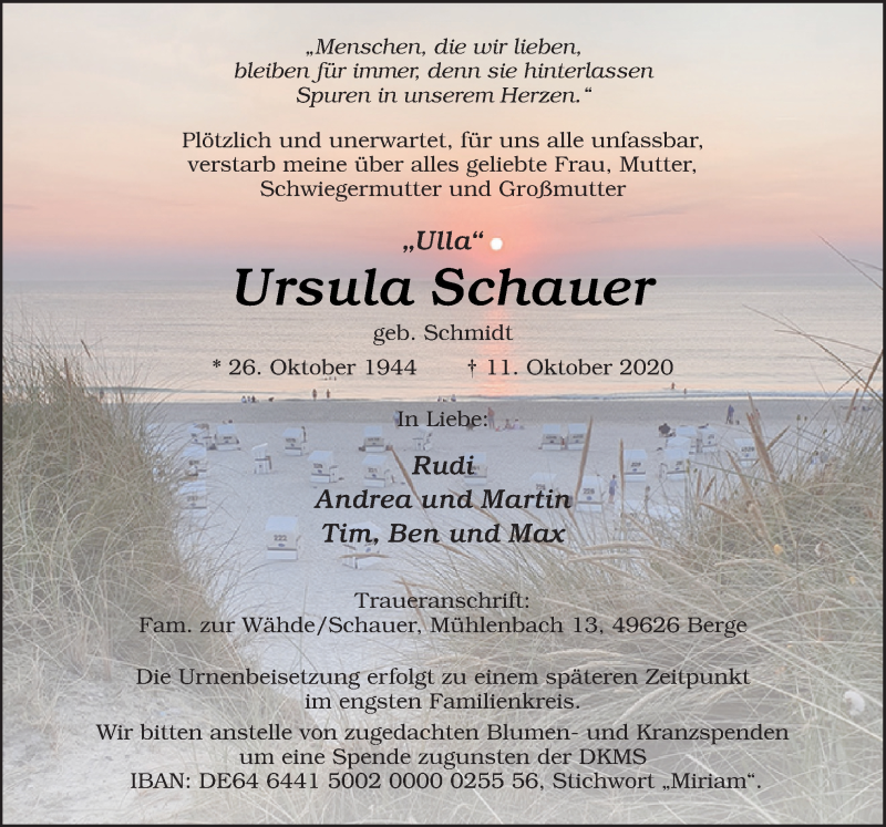 Traueranzeige für Ursula Schauer vom 13.10.2020 aus Neue Osnabrücker Zeitung GmbH & Co. KG
