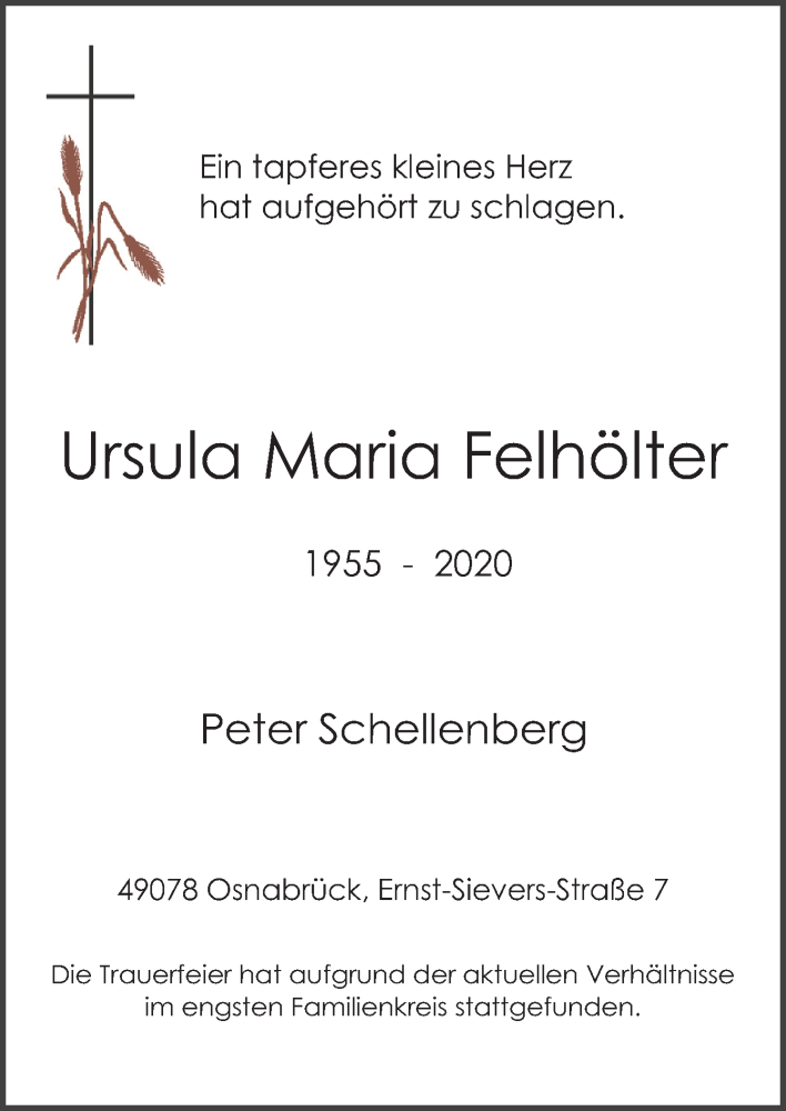  Traueranzeige für Ursula Maria Felhölter vom 28.10.2020 aus Neue Osnabrücker Zeitung GmbH & Co. KG