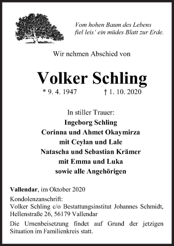 Traueranzeige von Volker Schling von Neue Osnabrücker Zeitung GmbH & Co. KG