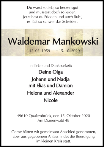 Traueranzeige von Waldemar Mankowski von Neue Osnabrücker Zeitung GmbH & Co. KG