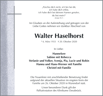 Traueranzeige von Walter Haselhorst von Neue Osnabrücker Zeitung GmbH & Co. KG
