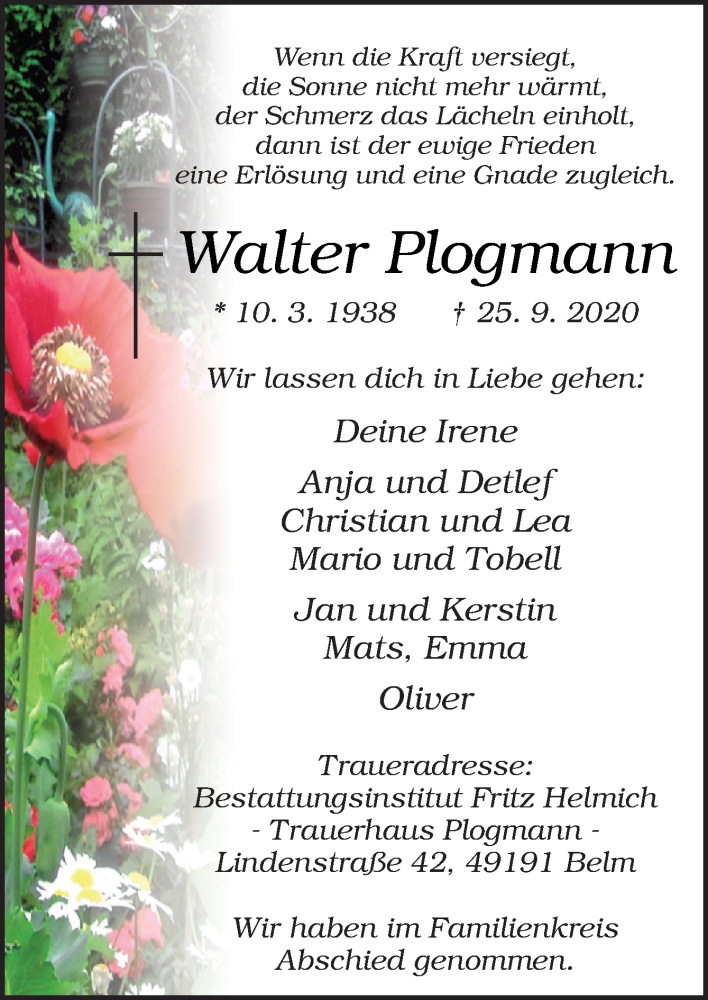  Traueranzeige für Walter Plogmann vom 05.10.2020 aus Neue Osnabrücker Zeitung GmbH & Co. KG