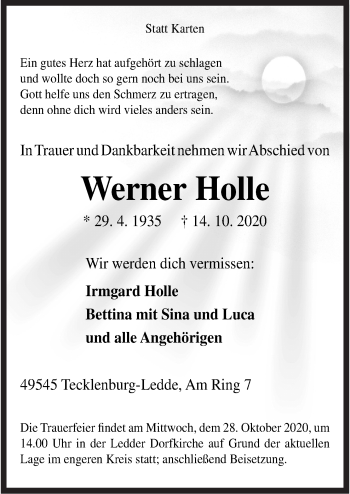 Traueranzeige von Werner Holle von Neue Osnabrücker Zeitung GmbH & Co. KG