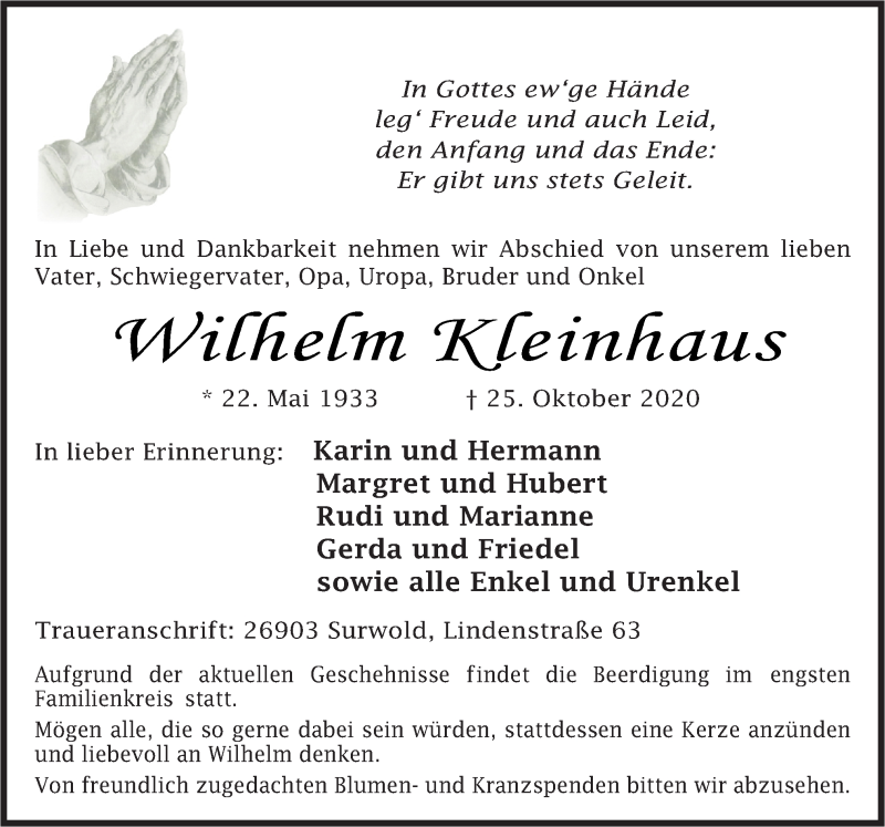  Traueranzeige für Wilhelm Kleinhaus vom 27.10.2020 aus Neue Osnabrücker Zeitung GmbH & Co. KG