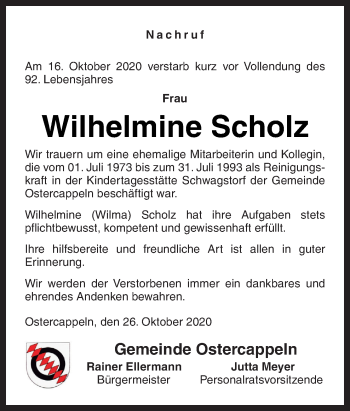 Traueranzeige von Wilhelmine Scholz von Neue Osnabrücker Zeitung GmbH & Co. KG