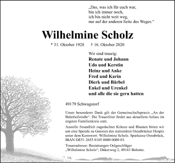 Traueranzeige von Wilhelmine Scholz von Neue Osnabrücker Zeitung GmbH & Co. KG