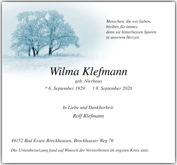 Traueranzeige von Wilma Klefmann von Neue Osnabrücker Zeitung GmbH & Co. KG