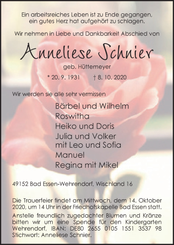 Traueranzeige von Anneliese Schnier von Neue Osnabrücker Zeitung GmbH & Co. KG