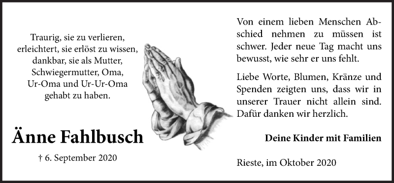  Traueranzeige für Änne Fahlbusch vom 17.10.2020 aus Neue Osnabrücker Zeitung GmbH & Co. KG