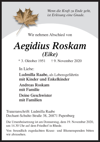 Traueranzeige von Aegidius Roskam von Neue Osnabrücker Zeitung GmbH & Co. KG