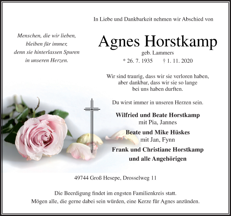  Traueranzeige für Agnes Horstkamp vom 04.11.2020 aus Neue Osnabrücker Zeitung GmbH & Co. KG