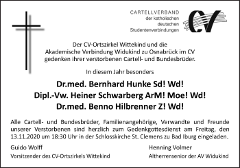 Traueranzeige von Akademische Verbindung Widukind zu Osnabrück im CV gedenken ihrer verstorbenen Cartell- und Bundesbrüder. von Neue Osnabrücker Zeitung GmbH & Co. KG