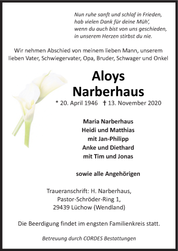 Traueranzeige von Aloys Narberhaus von Neue Osnabrücker Zeitung GmbH & Co. KG