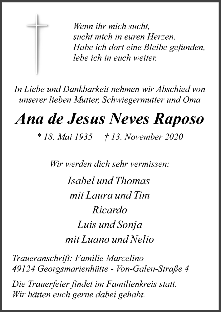  Traueranzeige für Ana de Jesus Neves Raposo vom 21.11.2020 aus Neue Osnabrücker Zeitung GmbH & Co. KG