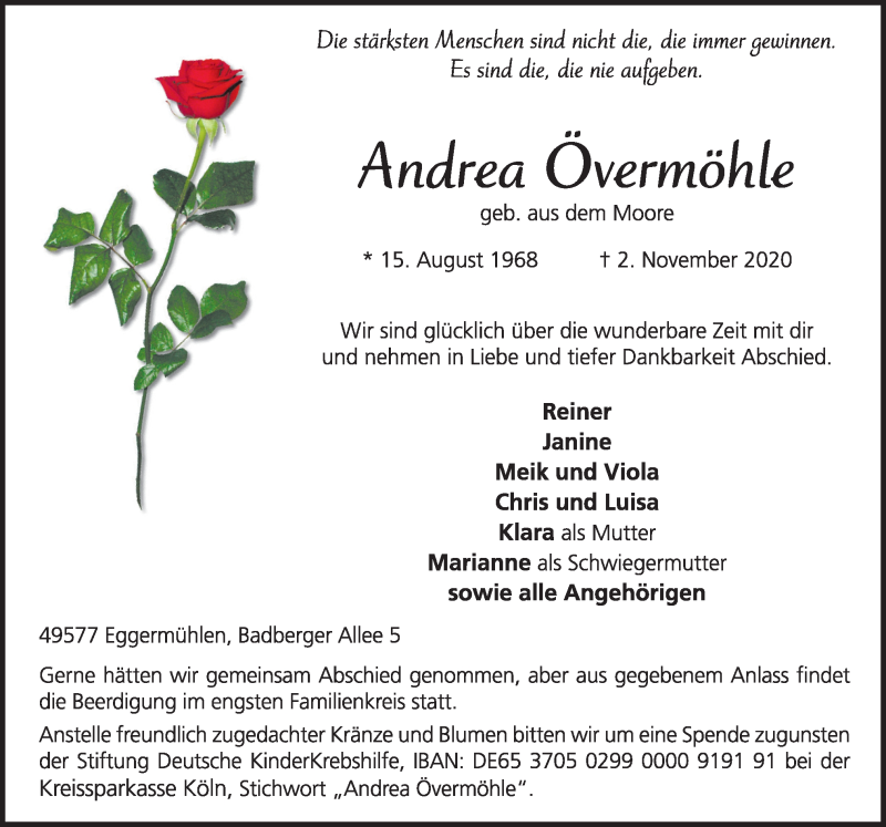  Traueranzeige für Andrea Övermöhle vom 04.11.2020 aus Neue Osnabrücker Zeitung GmbH & Co. KG