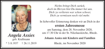Traueranzeige von Angela Assies von Neue Osnabrücker Zeitung GmbH & Co. KG