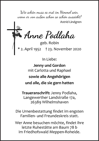 Traueranzeige von Anne Podlaha von Neue Osnabrücker Zeitung GmbH & Co. KG