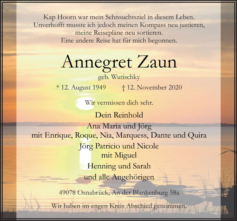  Traueranzeige für Annegret Zaun vom 21.11.2020 aus Neue Osnabrücker Zeitung GmbH & Co. KG