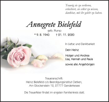 Traueranzeige von Annegrete Bielefeld von Neue Osnabrücker Zeitung GmbH & Co. KG