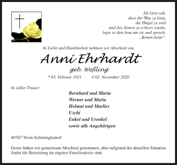 Traueranzeige von Anni Ehrhadt von Neue Osnabrücker Zeitung GmbH & Co. KG