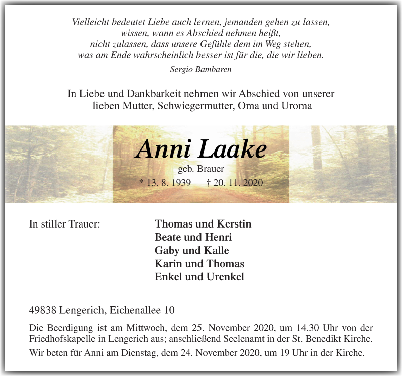  Traueranzeige für Anni Laake vom 23.11.2020 aus Neue Osnabrücker Zeitung GmbH & Co. KG