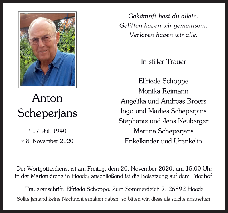  Traueranzeige für Anton Scheperjans vom 14.11.2020 aus Neue Osnabrücker Zeitung GmbH & Co. KG