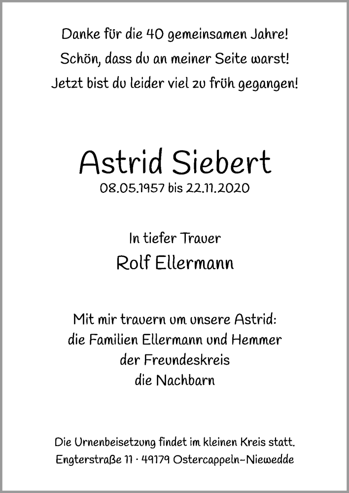  Traueranzeige für Astrid Siebert vom 28.11.2020 aus Neue Osnabrücker Zeitung GmbH & Co. KG