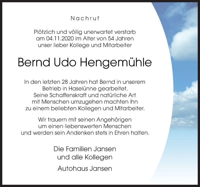  Traueranzeige für Bernd Udo Hengemühle vom 09.11.2020 aus Neue Osnabrücker Zeitung GmbH & Co. KG