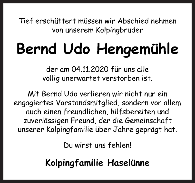  Traueranzeige für Bernd Udo Hengemühle vom 11.11.2020 aus Neue Osnabrücker Zeitung GmbH & Co. KG