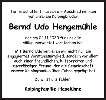 Traueranzeige von Bernd Udo Hengemühle von Neue Osnabrücker Zeitung GmbH & Co. KG
