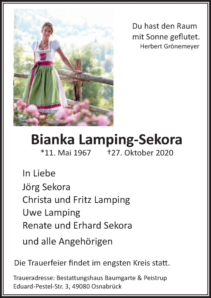  Traueranzeige für Bianka Lamping-Sekora vom 02.11.2020 aus Neue Osnabrücker Zeitung GmbH & Co. KG