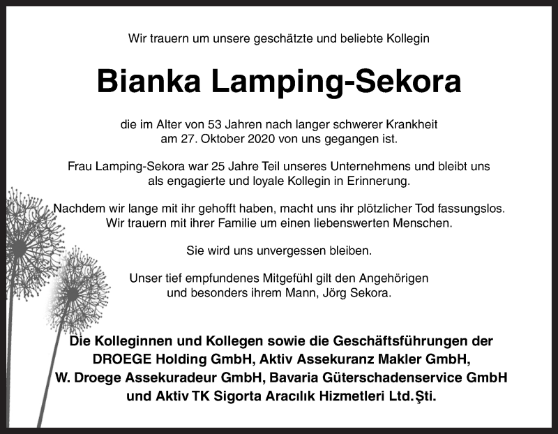  Traueranzeige für Bianka Lamping-Sekora vom 04.11.2020 aus Neue Osnabrücker Zeitung GmbH & Co. KG