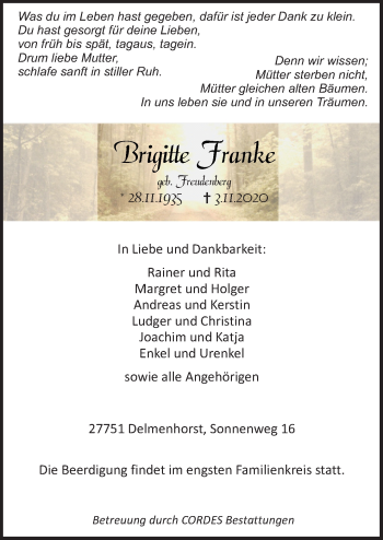 Traueranzeige von Brigitte Franke von Neue Osnabrücker Zeitung GmbH & Co. KG