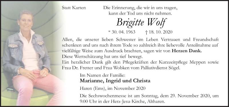  Traueranzeige für Brigitte Wolf vom 25.11.2020 aus Neue Osnabrücker Zeitung GmbH & Co. KG