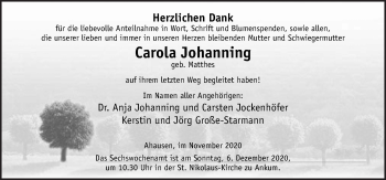 Traueranzeige von Carola Johanning von Neue Osnabrücker Zeitung GmbH & Co. KG