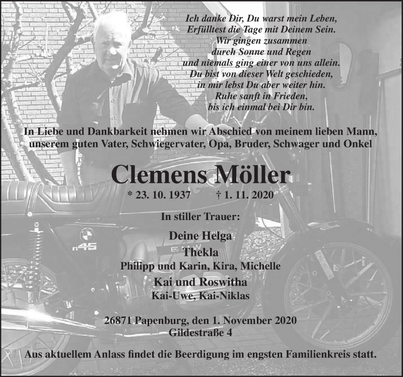  Traueranzeige für Clemens Möller vom 04.11.2020 aus Neue Osnabrücker Zeitung GmbH & Co. KG