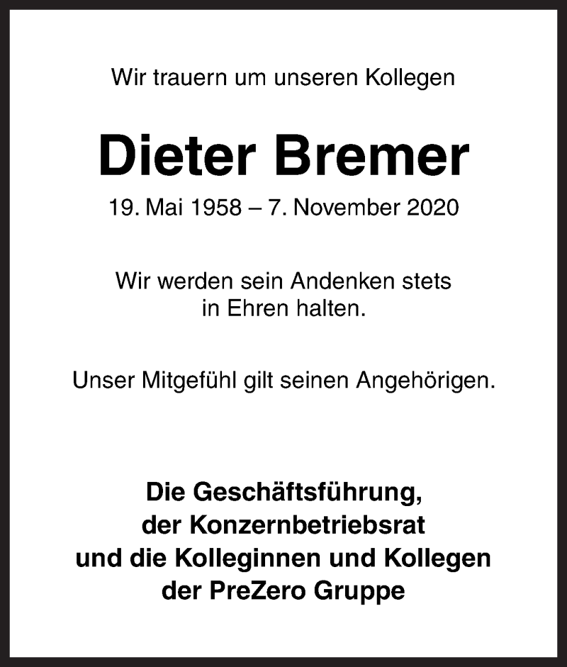  Traueranzeige für Dieter Bremer vom 12.11.2020 aus Neue Osnabrücker Zeitung GmbH & Co. KG