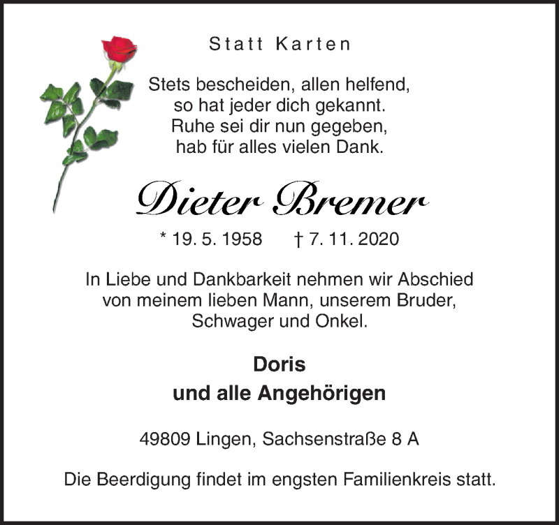  Traueranzeige für Dieter Bremer vom 10.11.2020 aus Neue Osnabrücker Zeitung GmbH & Co. KG
