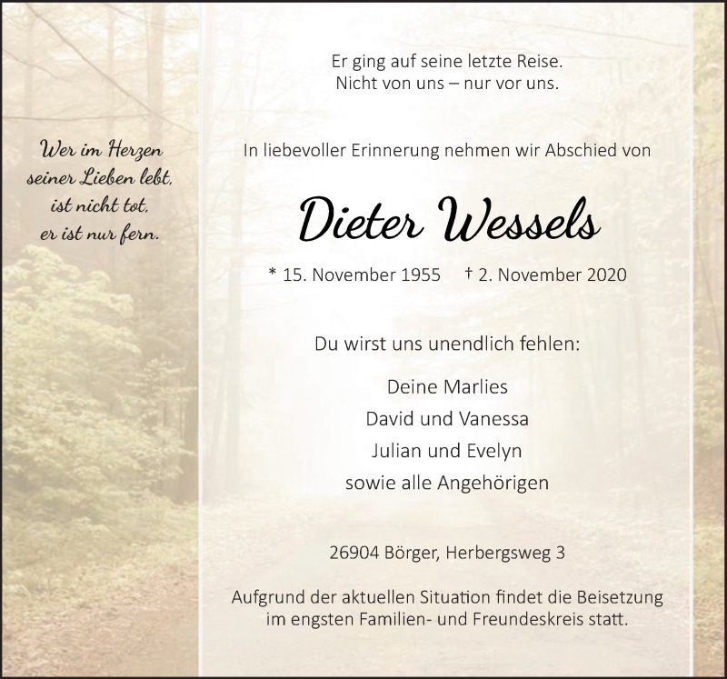  Traueranzeige für Dieter Wessels vom 07.11.2020 aus Neue Osnabrücker Zeitung GmbH & Co. KG