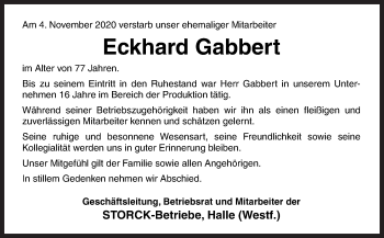 Traueranzeige von Eckhard Gabbert von Neue Osnabrücker Zeitung GmbH & Co. KG