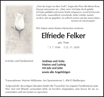 Traueranzeige von Elfriede Felker von Neue Osnabrücker Zeitung GmbH & Co. KG