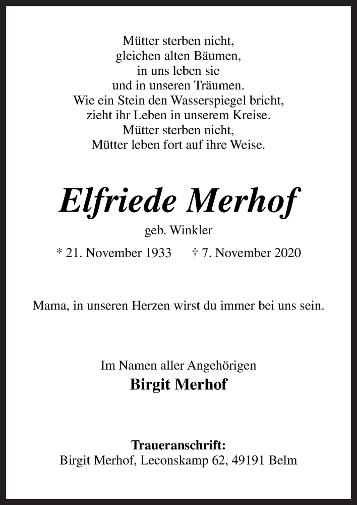  Traueranzeige für Elfriede Merhof vom 11.11.2020 aus Neue Osnabrücker Zeitung GmbH & Co. KG